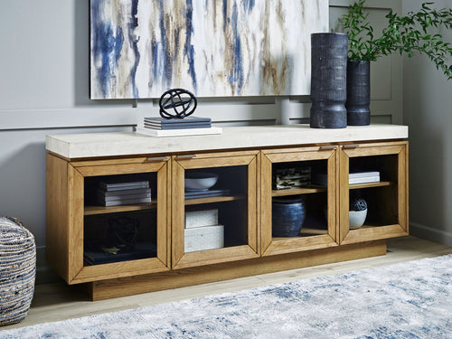 Light brown accent cabinet with four cubby shelves and open front doors, side view