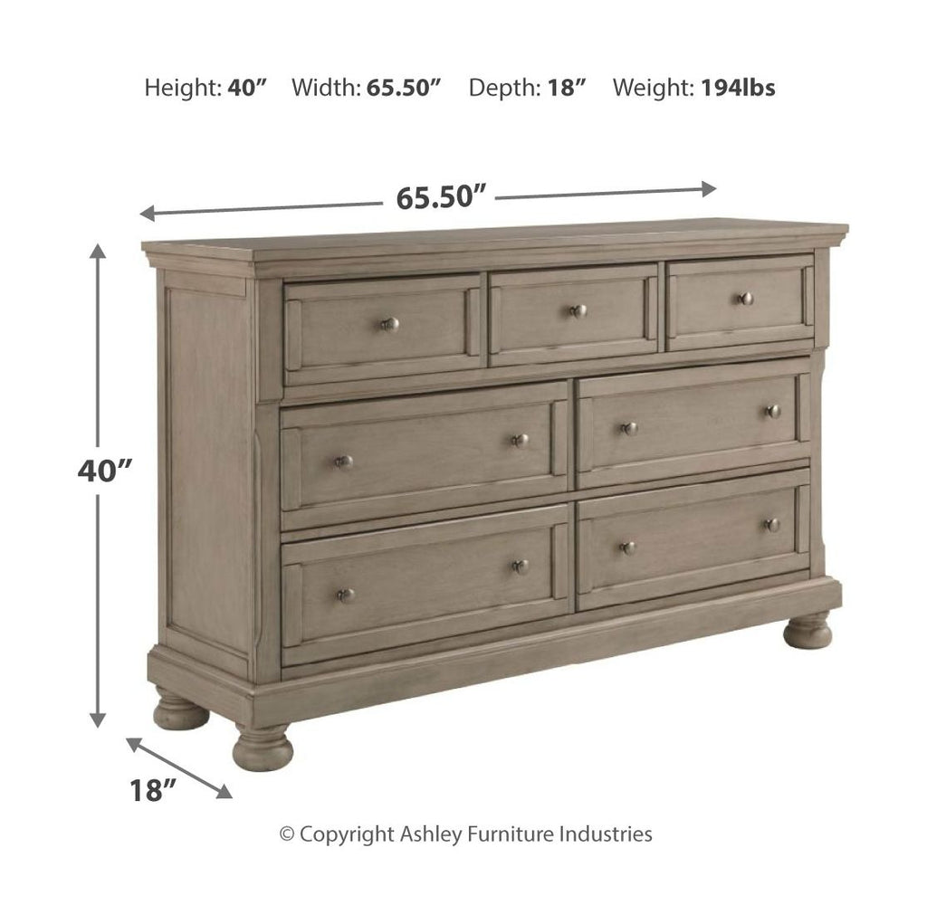 Light gray dresser with multiple drawers; size diagram shows 65.5 in width