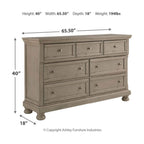Light gray dresser with multiple drawers; size diagram shows 65.5 in width