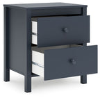 Navy blue night stand with two open drawers, round knobs, metal slides.