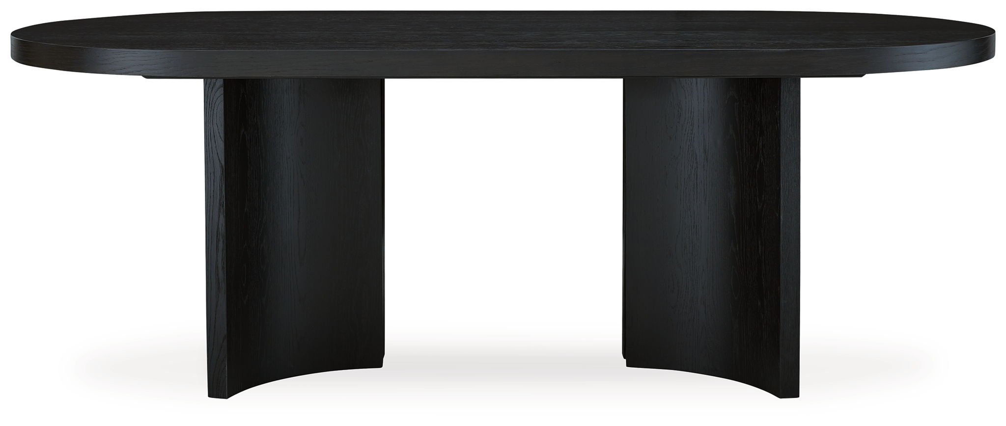 Black dining table with flared legs and round tabletop