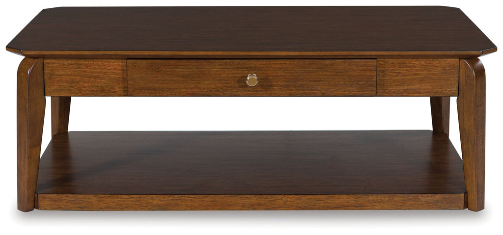 Rectangular cocktail table, medium brown wood with lower shelf and single drawer front