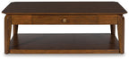 Rectangular cocktail table, medium brown wood with lower shelf and single drawer front