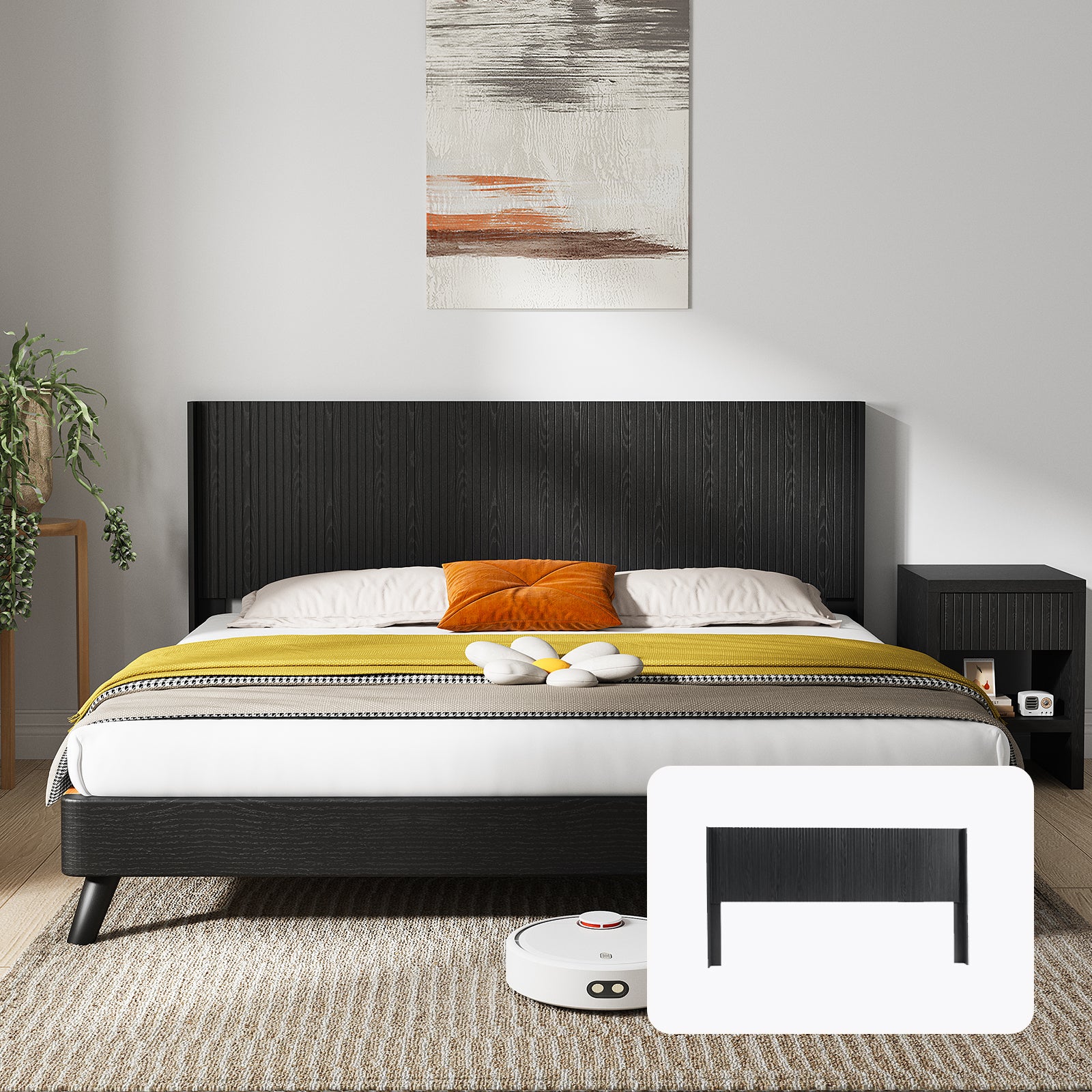 Black Oak Wood Queen Headboard | Modern Farmhouse Fluted Panel