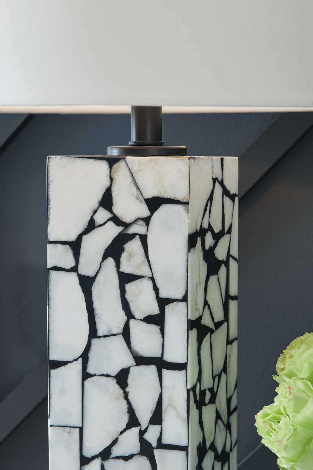 Marble mosaic table lamp base in white and black with white fabric shade