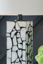 Marble mosaic table lamp base in white and black with white fabric shade