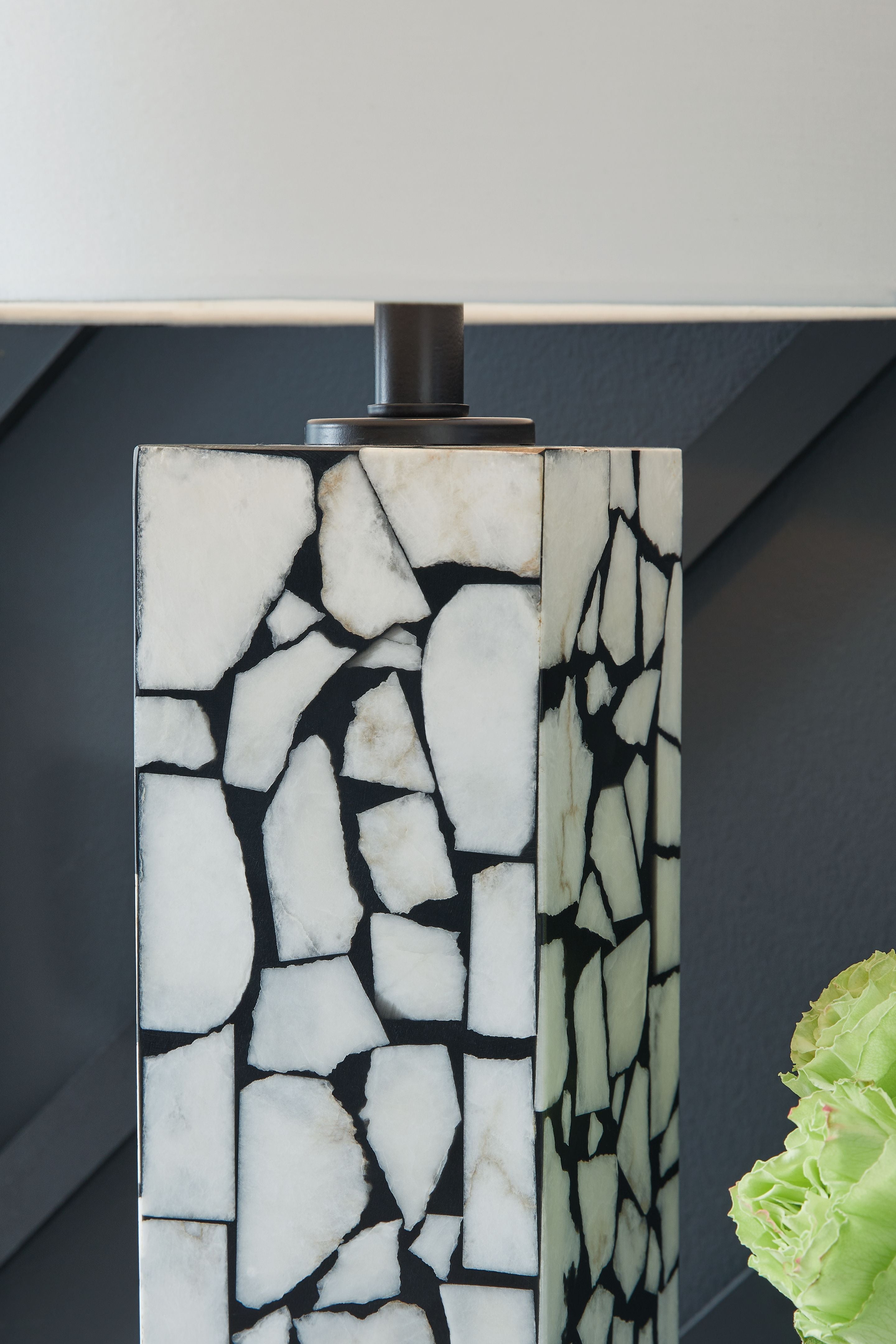 Marble mosaic table lamp base in white and black with white fabric shade
