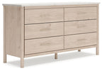 Beige six-drawer dresser with straight legs and metal bar pulls, light wood finish
