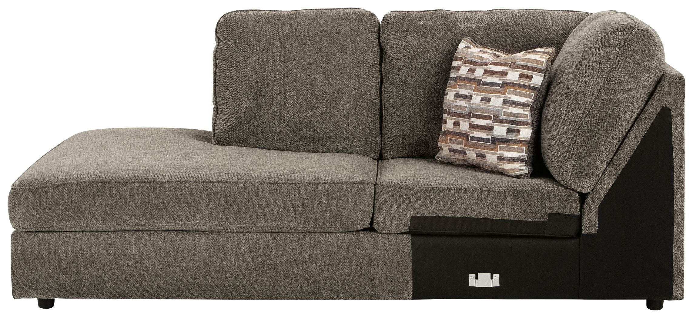 Gray corner chaise with back cushions, patterned pillow, and black side panel