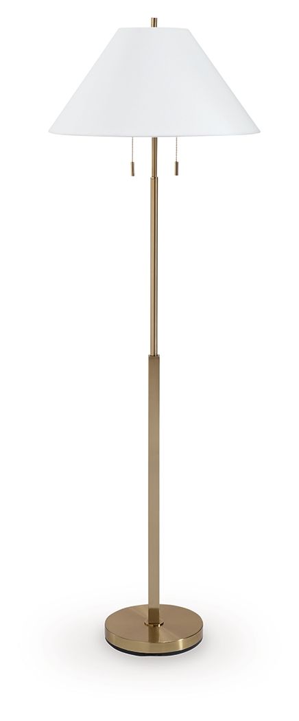 Gold metal lamp with white fabric shade and round base.