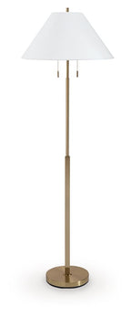 Gold metal lamp with white fabric shade and round base.