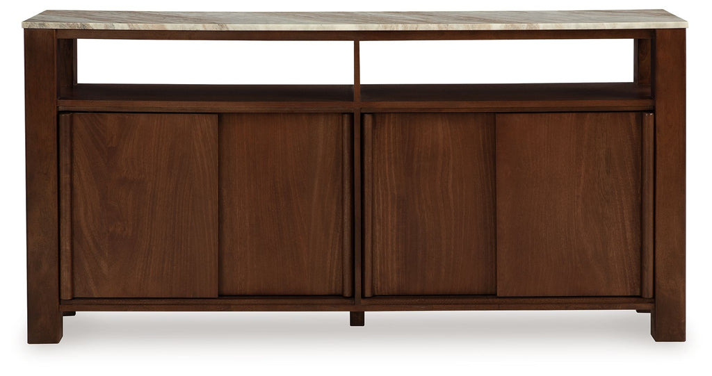 Dark brown accent cabinet with two front paneled doors and flat tabletop