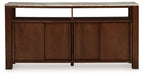 Dark brown accent cabinet with two front paneled doors and flat tabletop