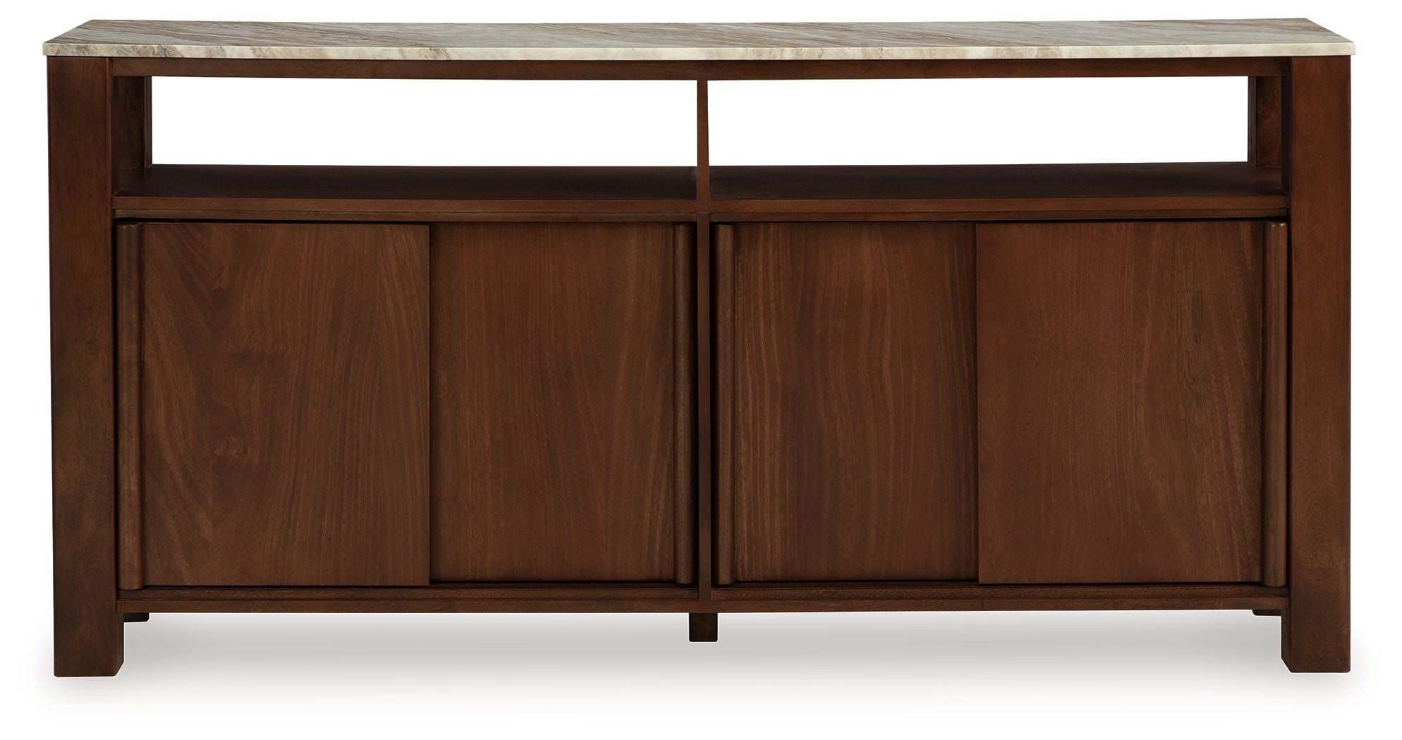 Dark brown accent cabinet with two front paneled doors and flat tabletop