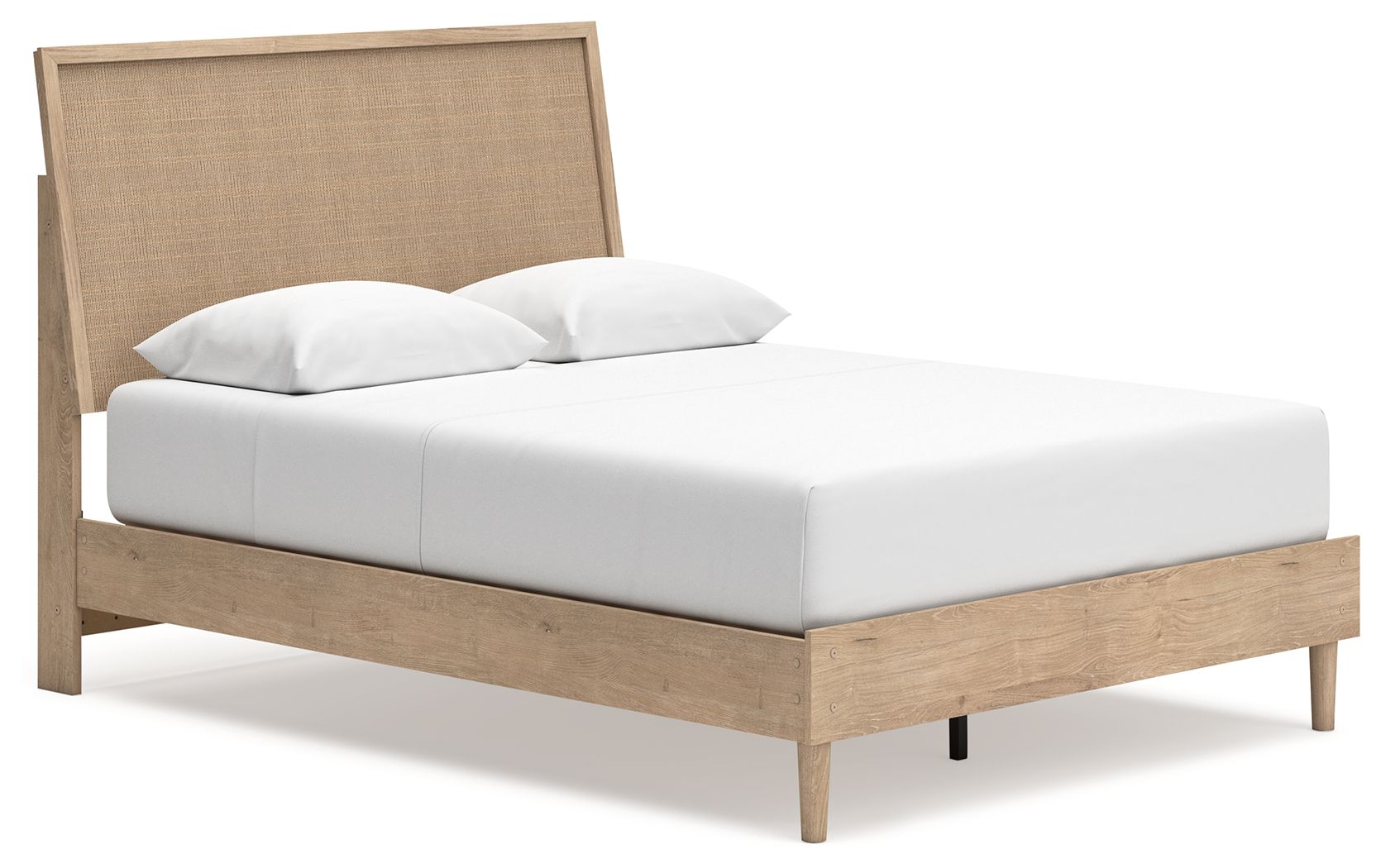 Cielden panel bed with beige upholstered headboard and light wood frame, white mattress