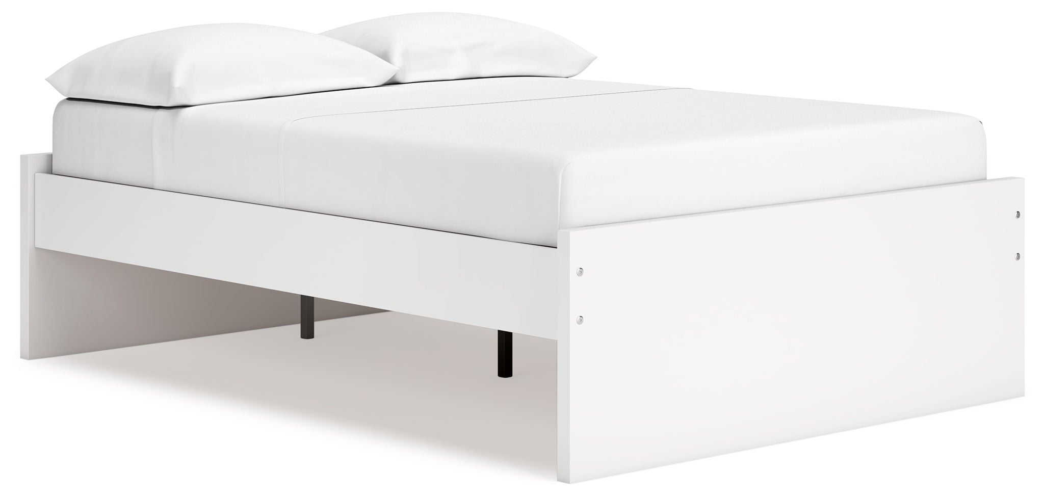 White platform bed with upholstered headboard and open under-bed storage