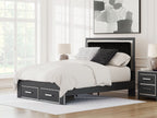 Dark upholstered platform bed with storage drawers, panel headboard, bedding on top