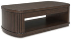 Dark brown lift-top cocktail table with slatted sides and open storage shelf