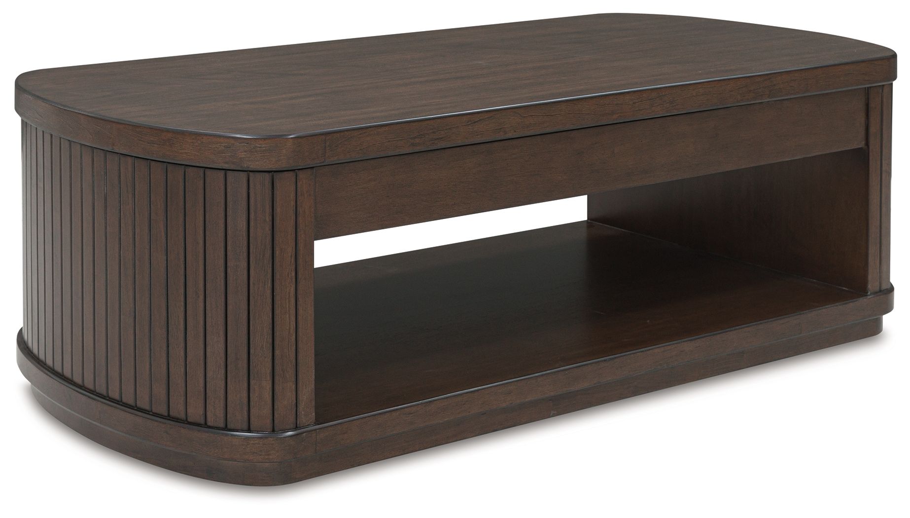 Dark brown lift-top cocktail table with slatted sides and open storage shelf