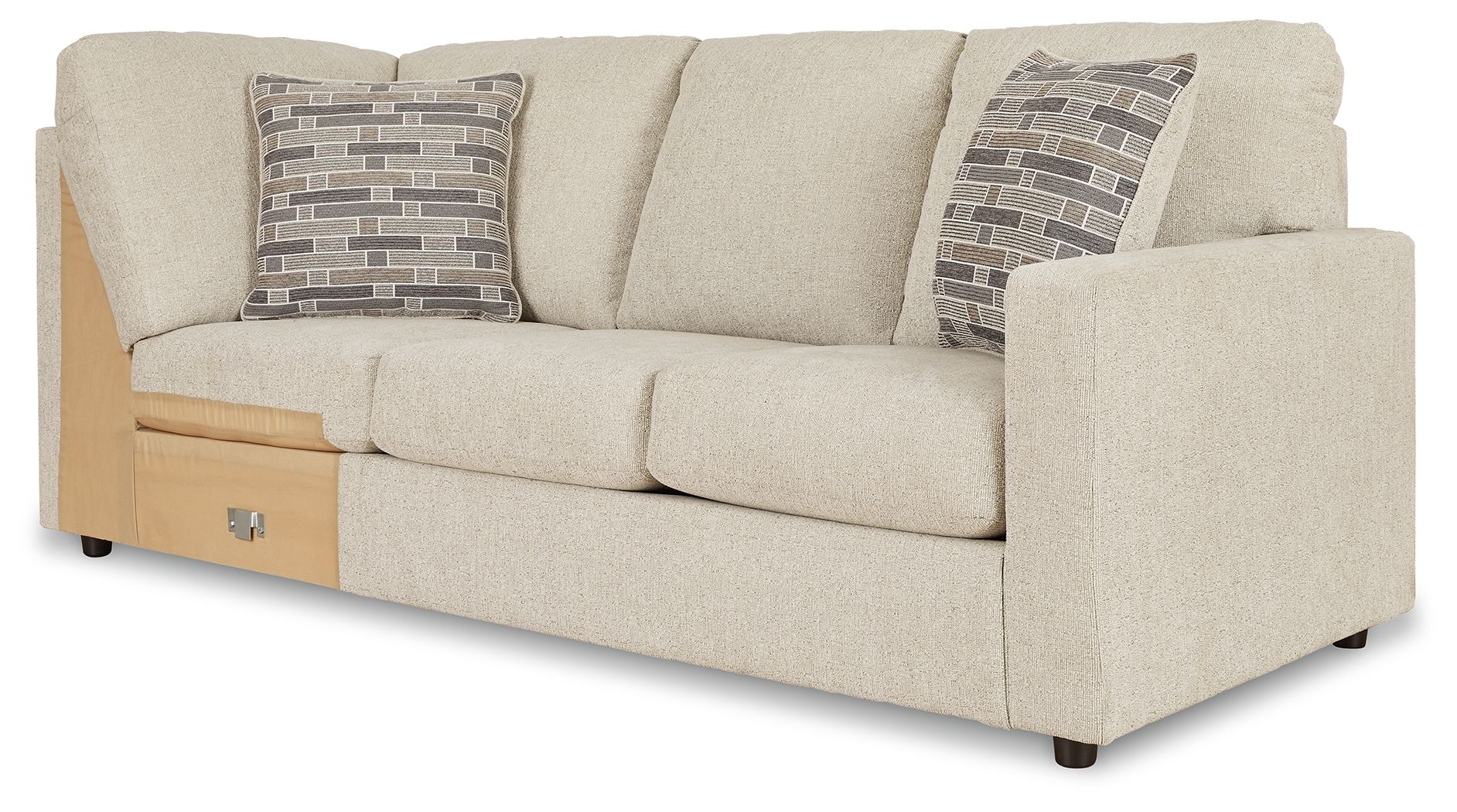 Pearl silver wedge sofa with three seat cushions, light armrests, and two patterned pillows