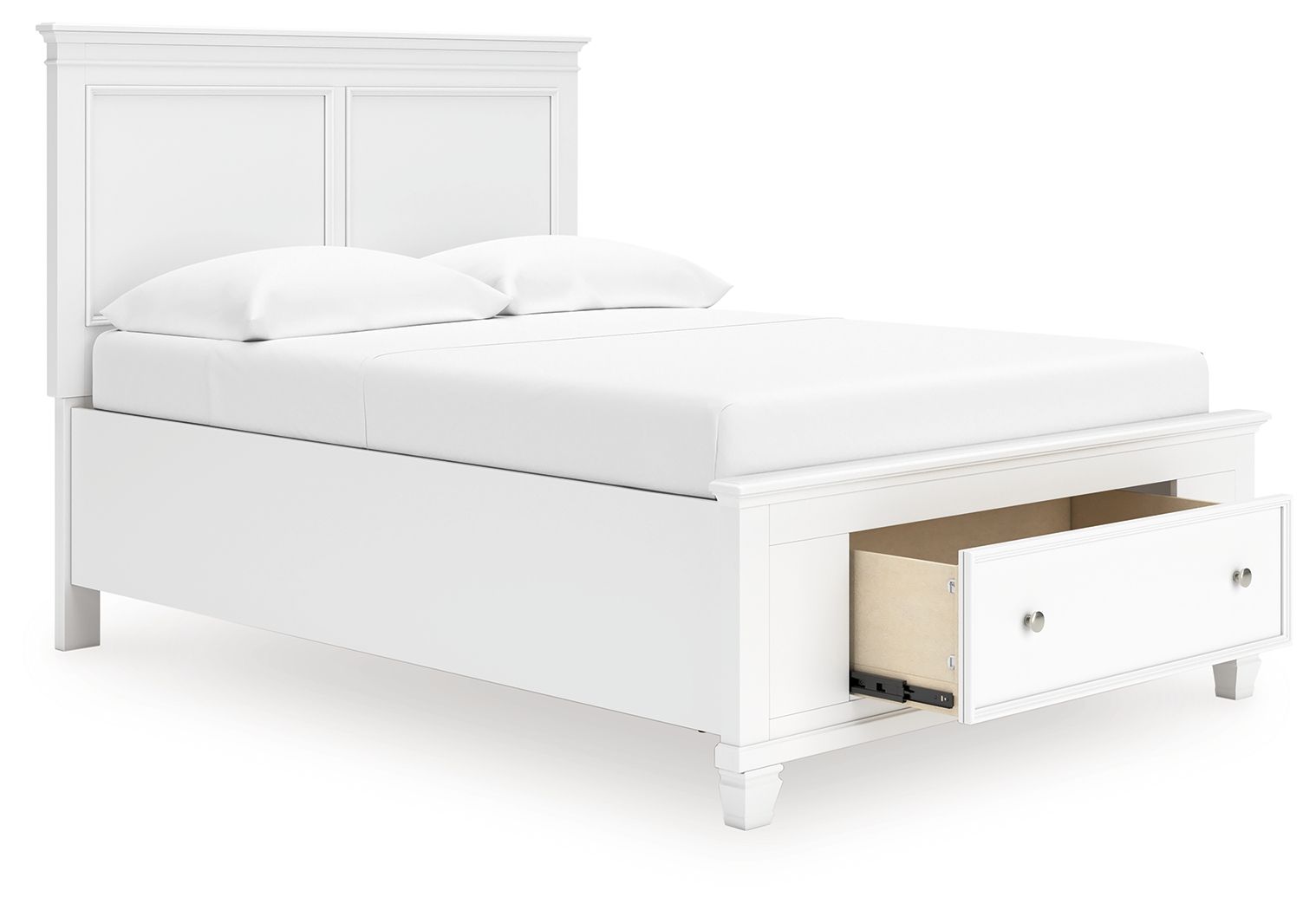 White panel bed with open underbed storage drawer and two pillows on mattress