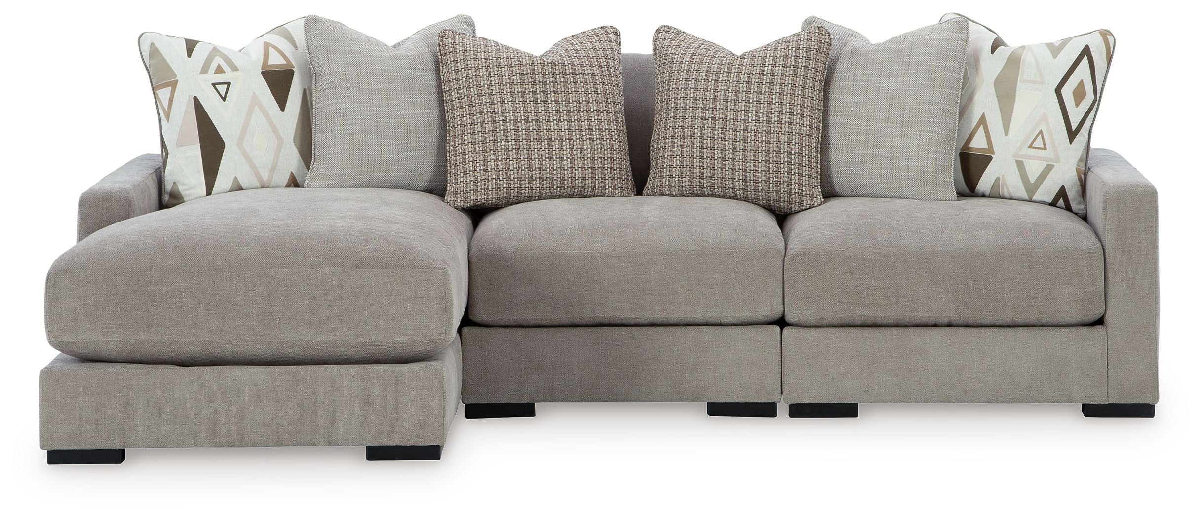 Pebble gray sectional sofa with chaise arms and geometric pattern throw pillows