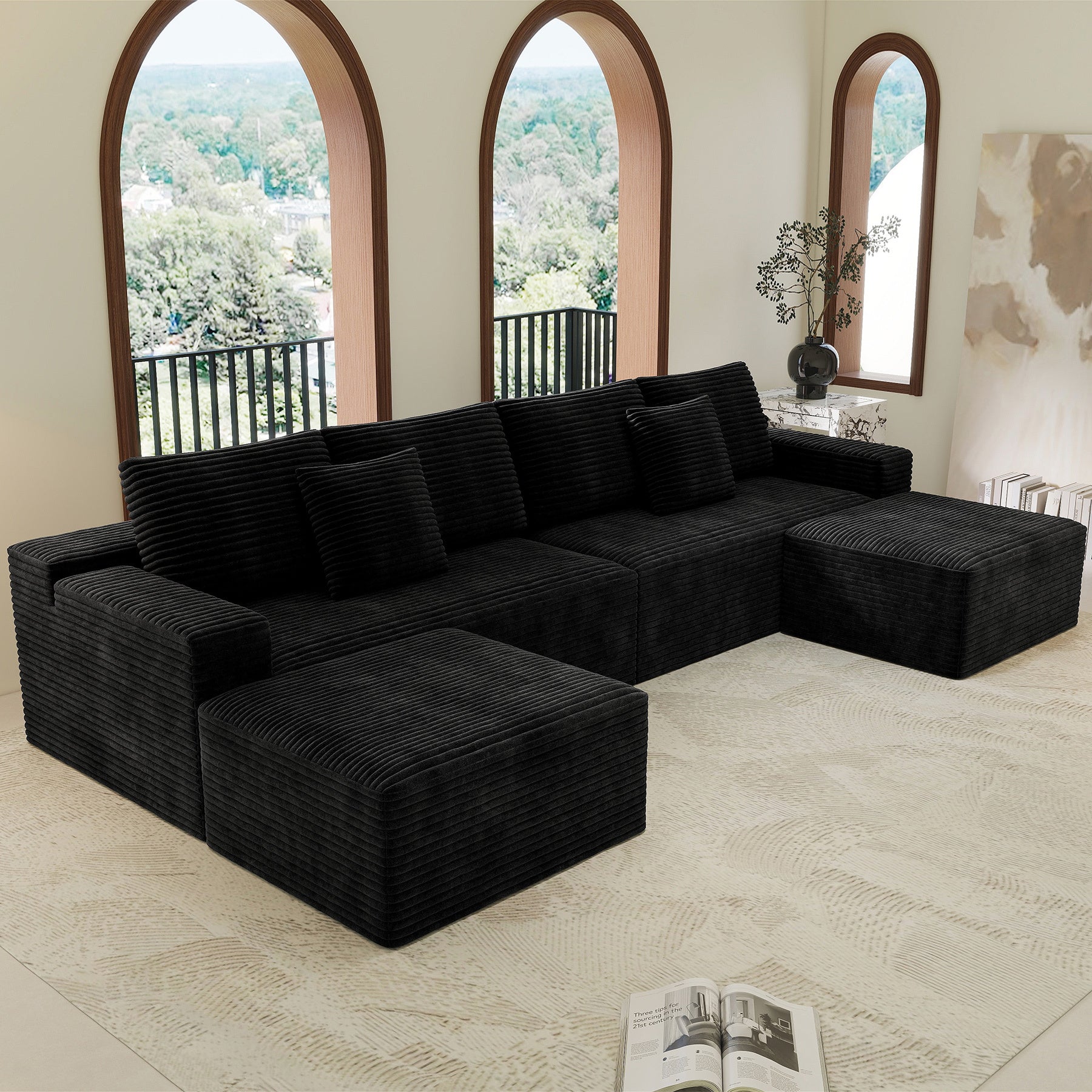 Black Modular Corduroy Sectional Sofa 4-PC - No Assembly.