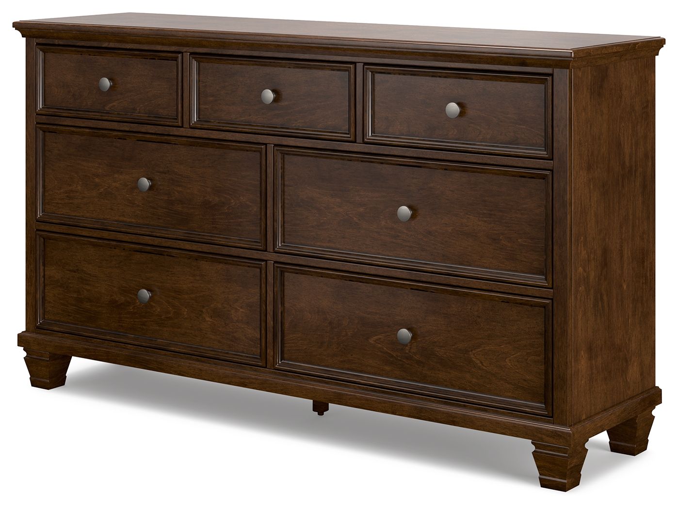 Brown dresser with six front drawers and round knobs, squared bun feet