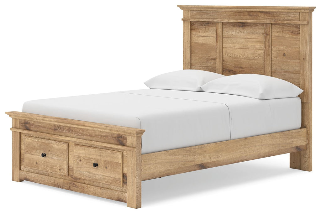 Light brown wood panel storage bed with slatted base and front drawer storage