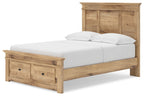 Light brown wood panel storage bed with slatted base and front drawer storage