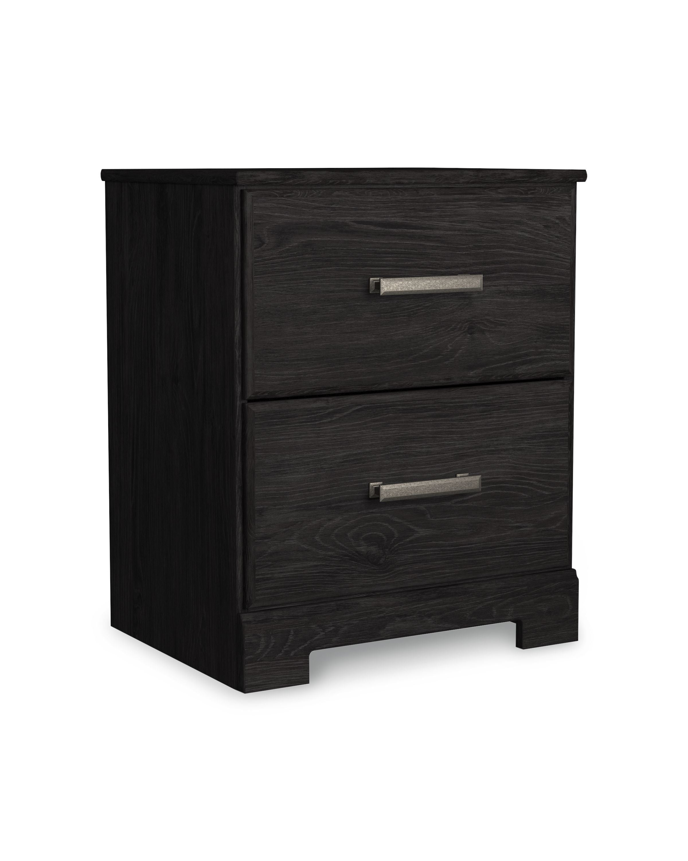 Charcoal two-drawer night stand with metal bar pulls and wood grain panels