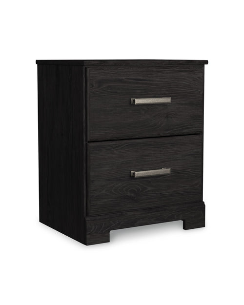 Charcoal two-drawer night stand with metal bar pulls and wood grain panels