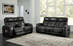 Black quilted power reclining loveseat with two seats and armrest controls