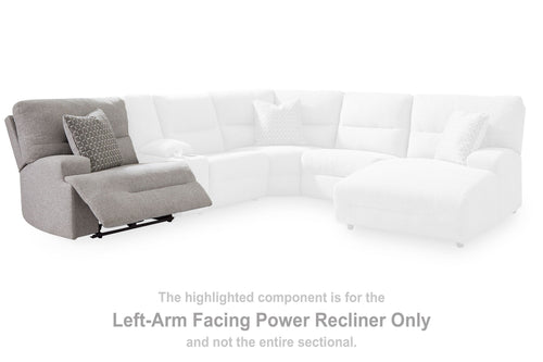 Left-arm power recliner module in pewter gray with patterned accent cushion