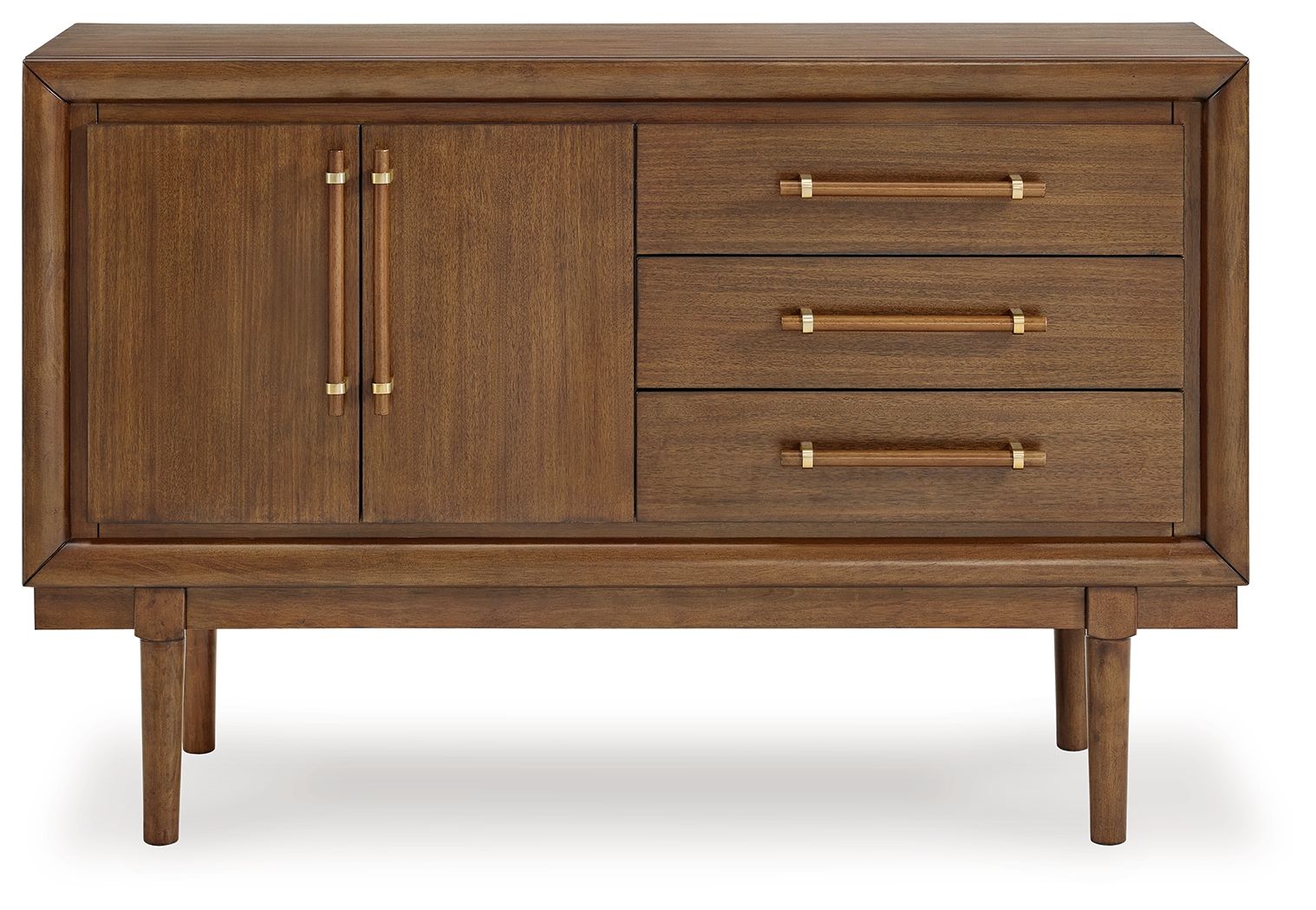 Brown dining room server with two-door cabinet and three drawers, brass bar handles.