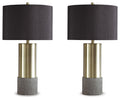 Dark gray fabric table lamp shade with brass metal cylindrical base and stem