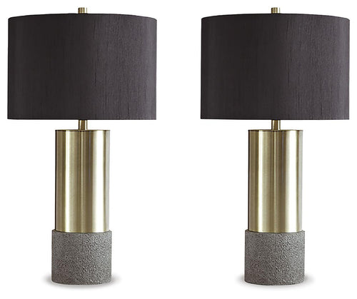 Metal table lamp set of 2: gray fabric shades, brass stems, textured gray bases