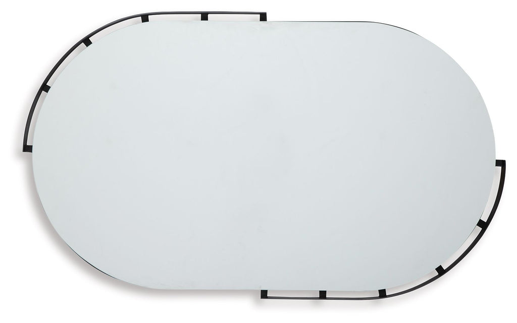 Arched oval accent mirror with black segmented frame and reflective glass