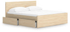 Light brown panel platform bed with underbed drawers and tall headboard, slat support included