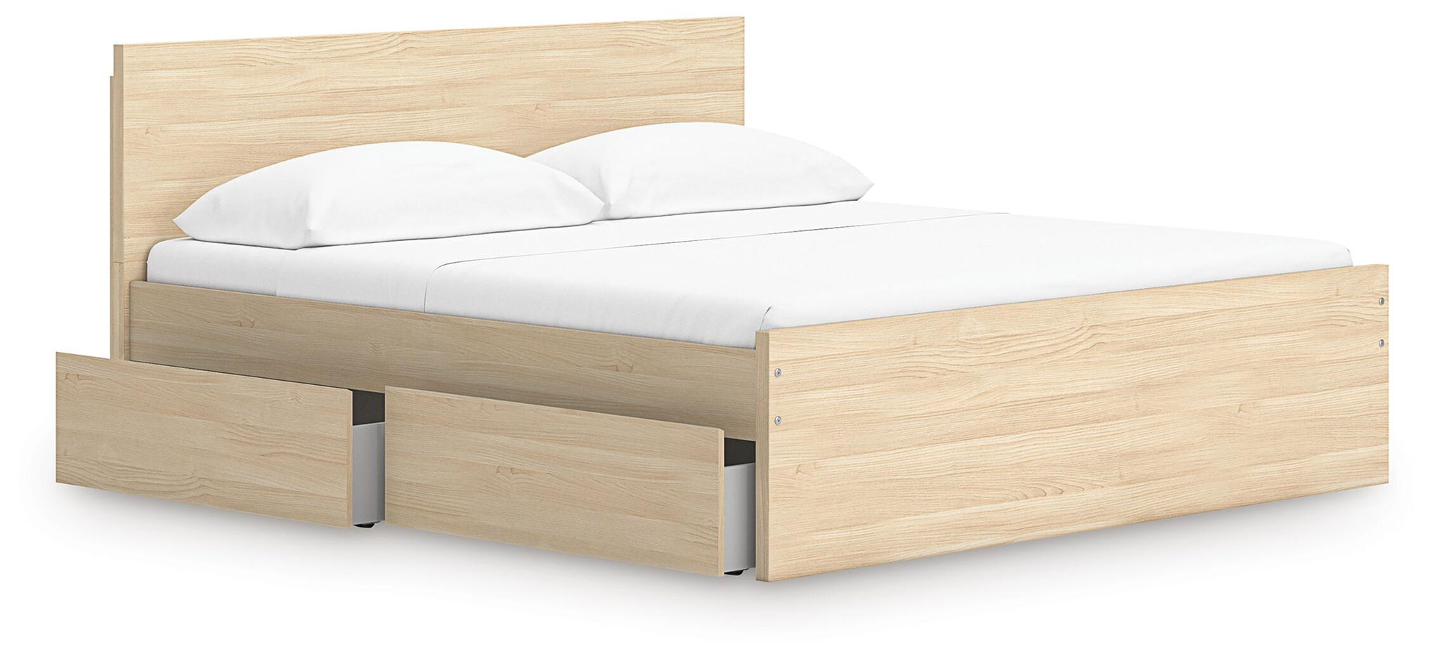 Light brown panel platform bed with underbed drawers and tall headboard, slat support included