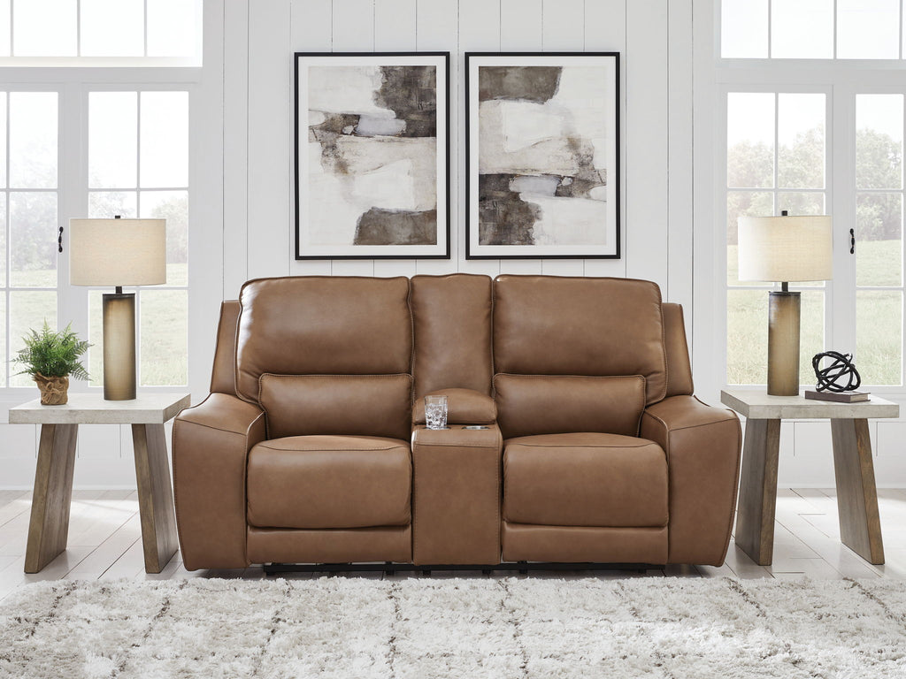 Power reclining loveseat with console and adjustable headrests, light brown upholstered seating