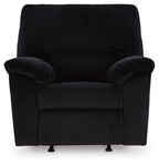 Onyx black striped rocker recliner chair with padded arms and cushioned seat