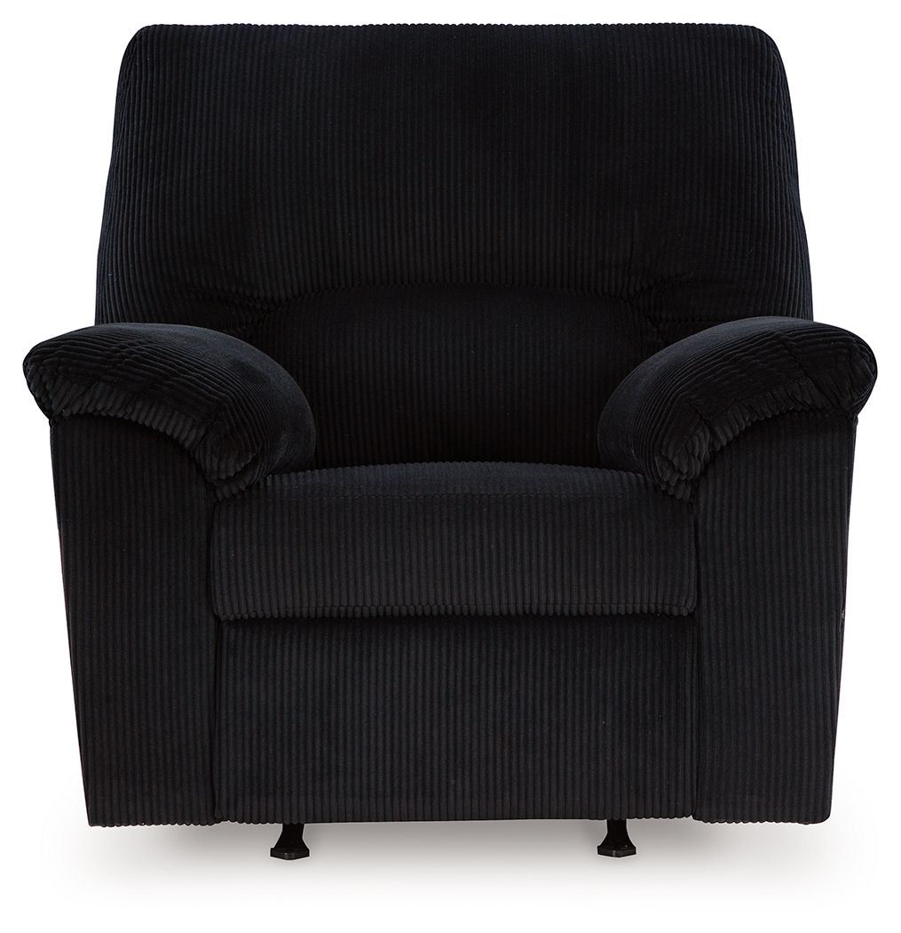 Onyx black striped rocker recliner chair with padded arms and cushioned seat
