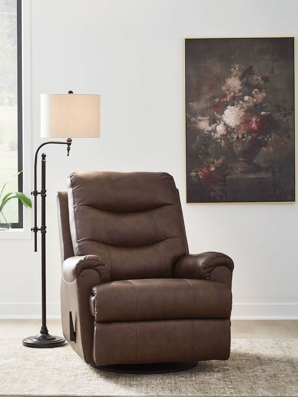 Espresso leather swivel glider recliner with tall backrest, padded arms, and reclining mechanism