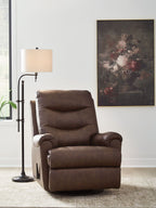 Espresso leather swivel glider recliner with tall backrest, padded arms, and reclining mechanism