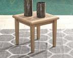 Square end table in light brown wood with two vases on top