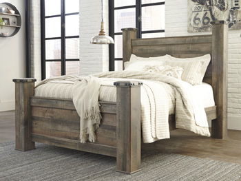 Brown queen poster bed rails with carved finials