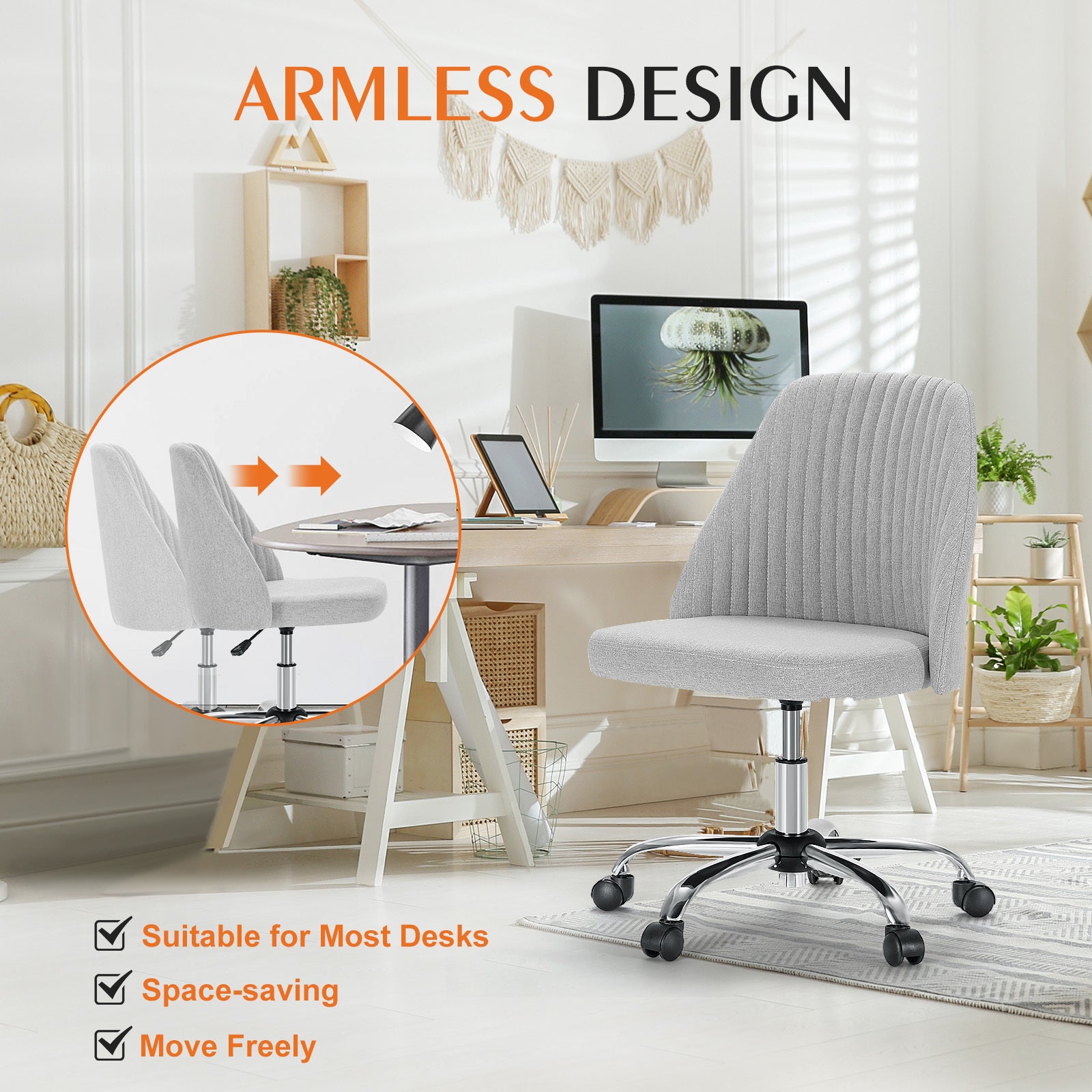 Armless Office Desk Chair - Adjustable Swivel Task Chair