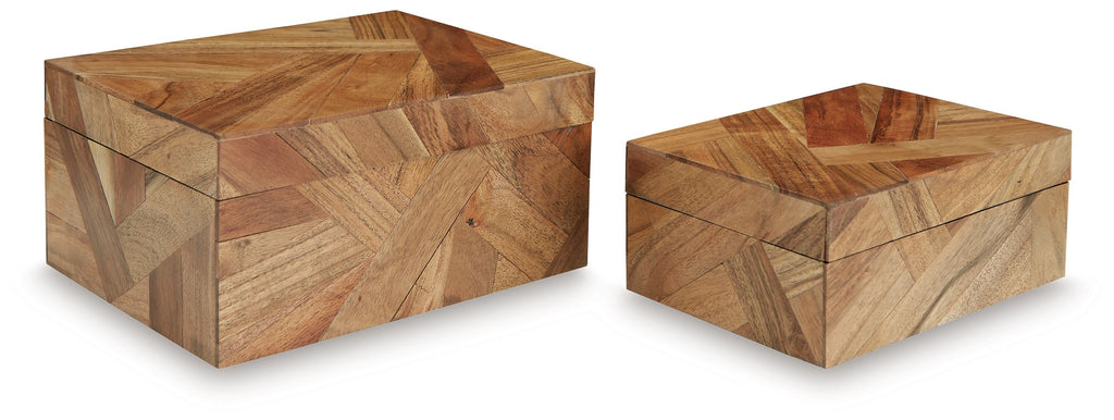 Antford box set of 2 brown wooden lidded storage boxes, geometric parquet pattern