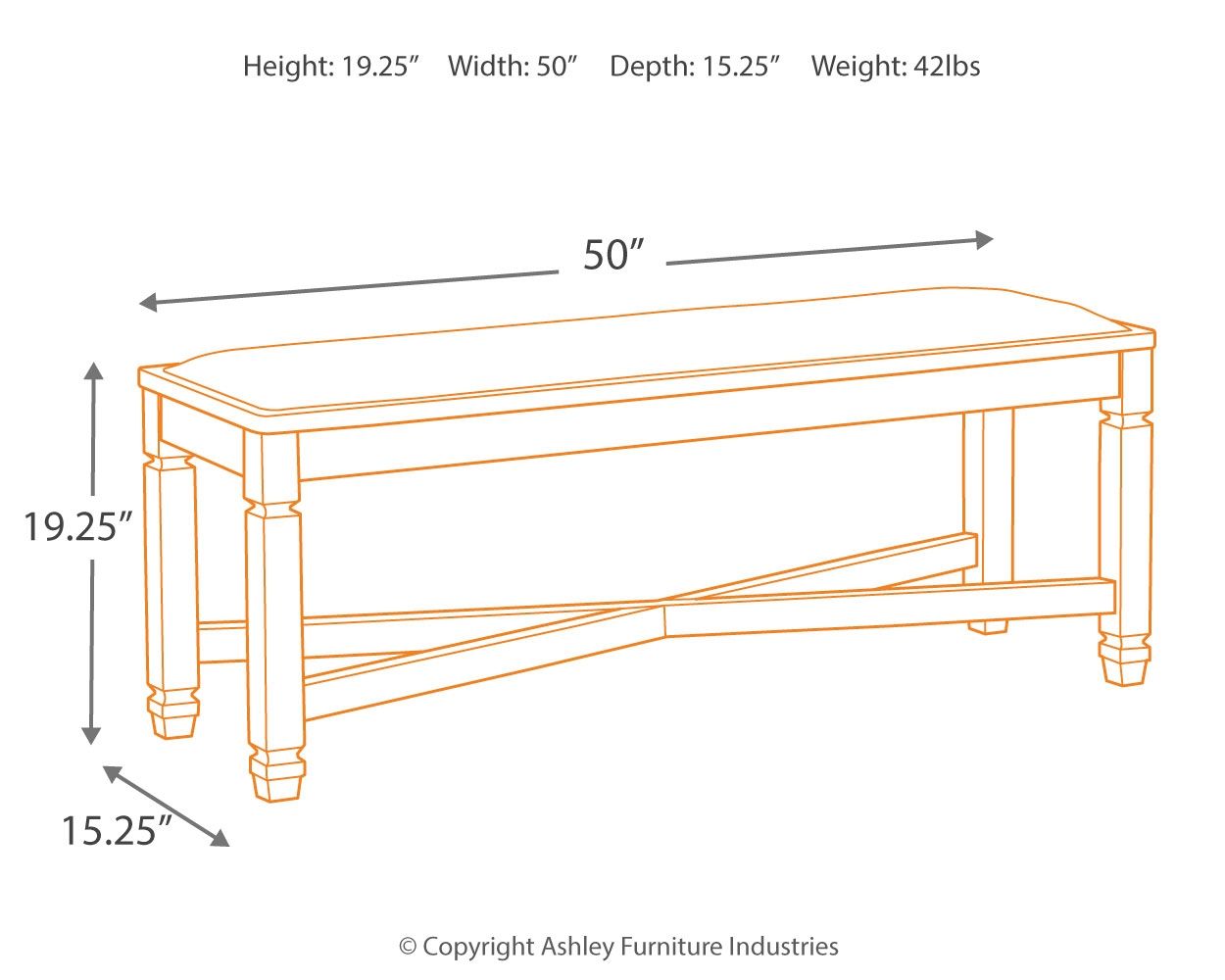 Upholstered bench dimensions diagram, dark frame with upholstered top